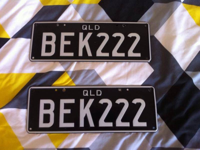 QLD Personalized Number Plates *BEK 222* Black With White Writing